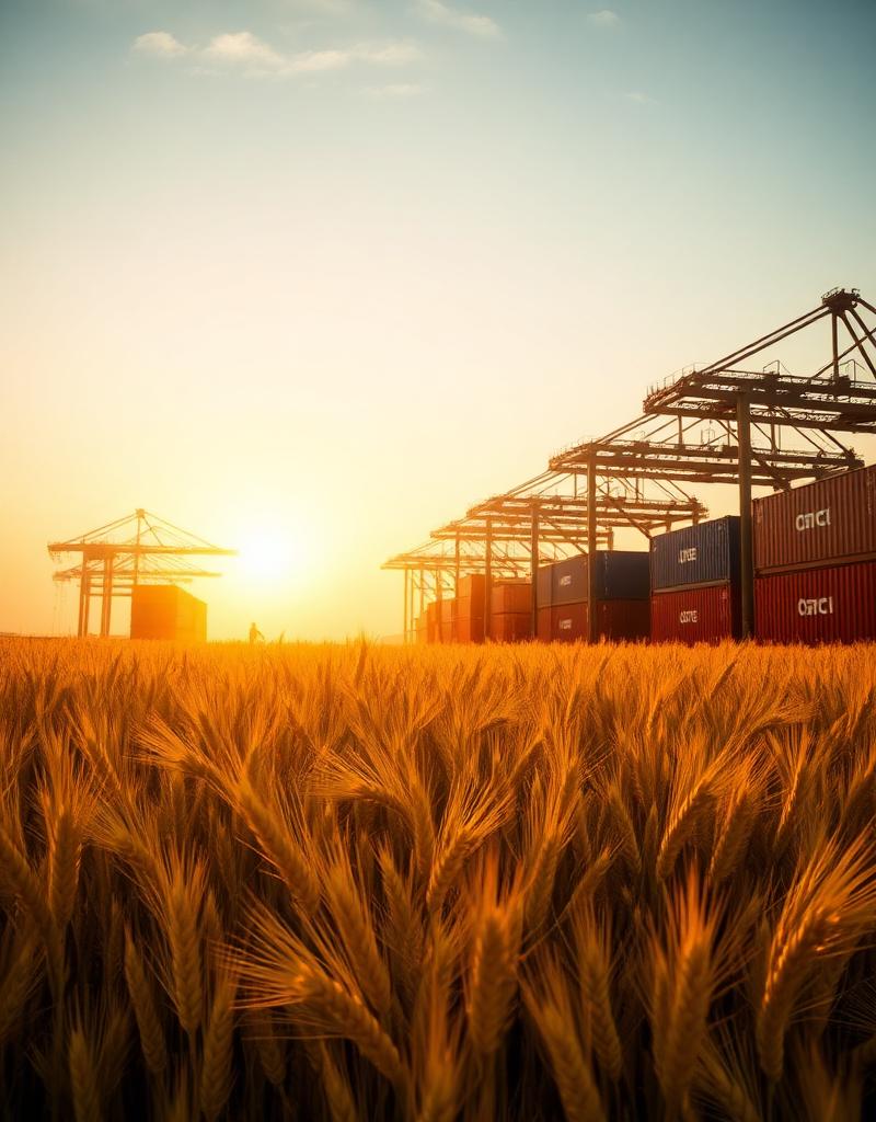 Wheat field meeting modern shipping containers at sunrise